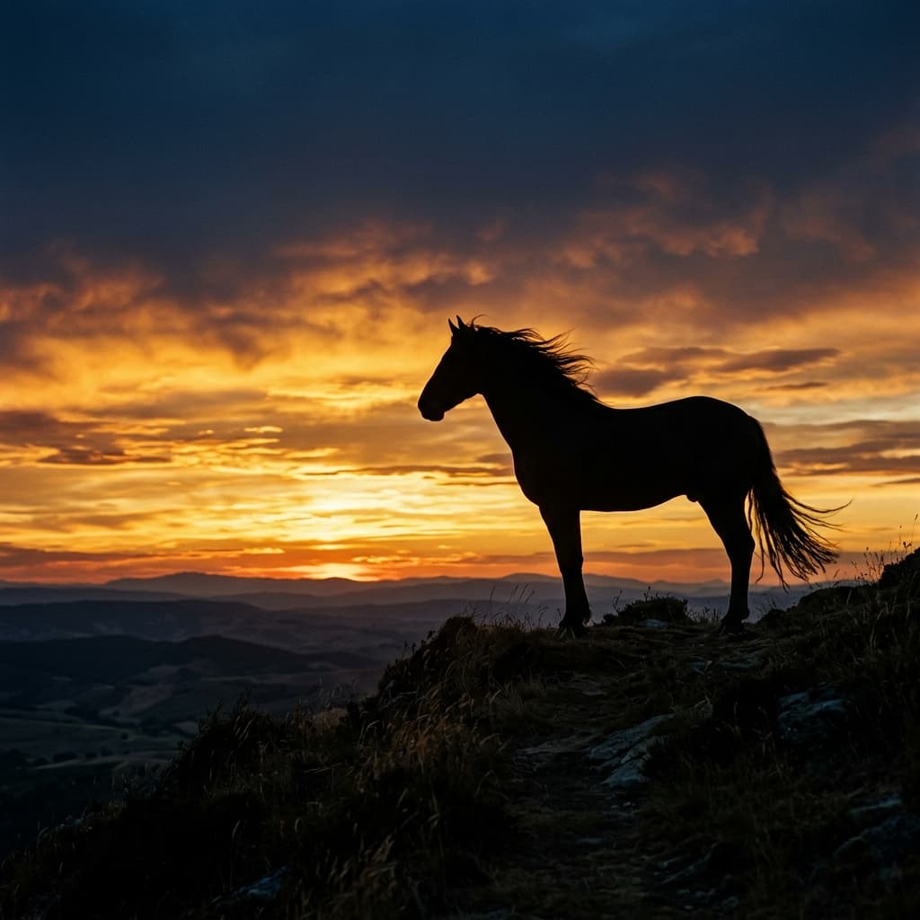 Majestic horse silhouette at sunset